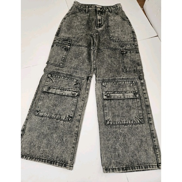 Love Culture Denim - Love Cult Womens Wide Leg Cargo Black Acid Wash Size Small Baggy Denim Y2K